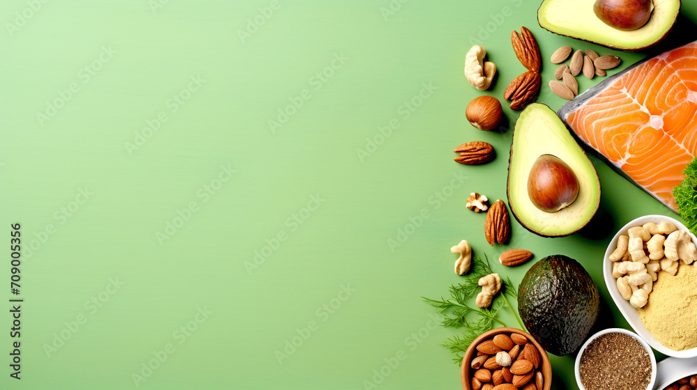 fish, nuts, avocado and other products on a green background