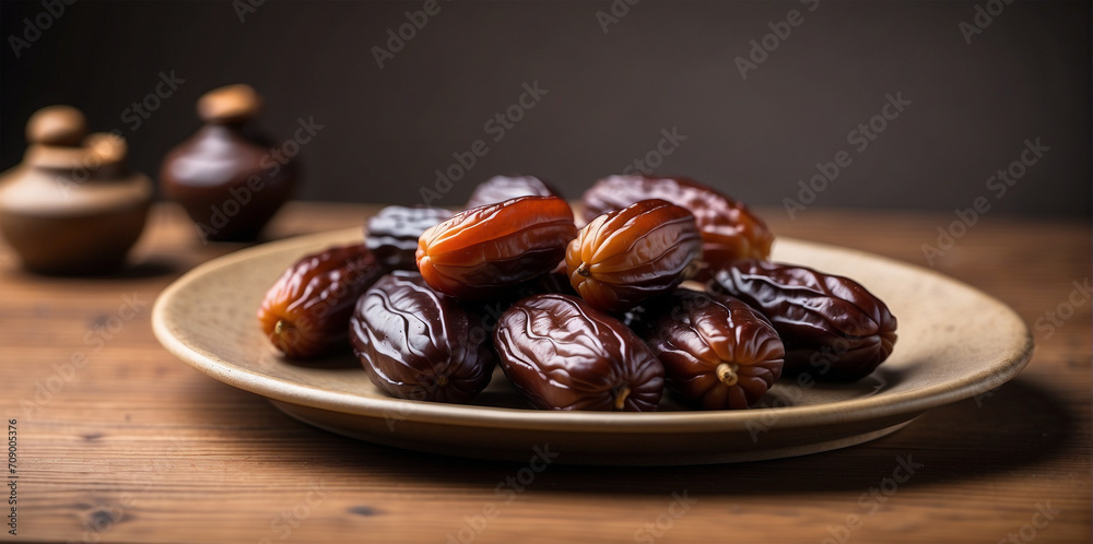 Premium photo of a plate of delicious dates with a cup of milk Premium photo of a plate of delicious dates with a cup of milk