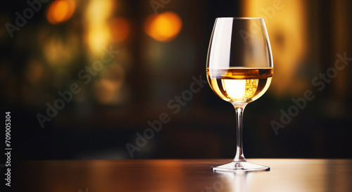 Elegant glass of white wine on blurred bar background. Wine industry concept. Generative AI