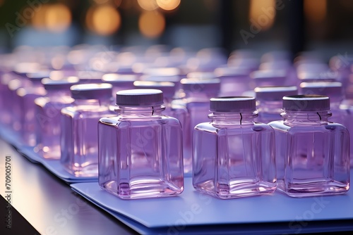 Clear focus on school glue bottles and paper clips on a serene lavender surface