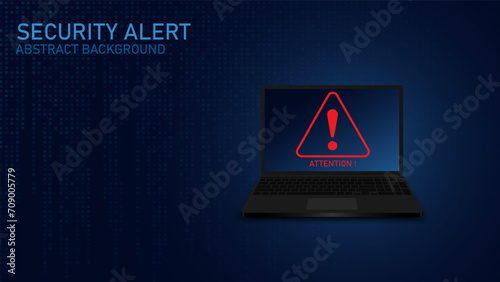 Attention warning attacker alert signs with exclamation marks on a laptop.  Abstract technology blue color background. Attention Danger Hacking. Vector and Illustration.