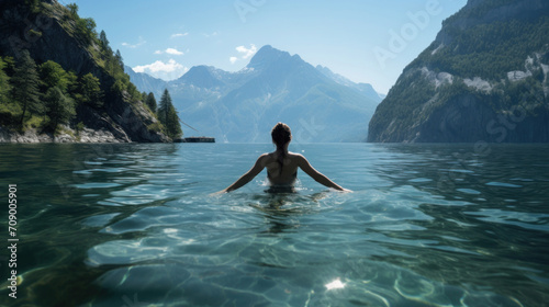 A woman enjoys a peaceful swim in a clear mountain lake, with picturesque mountains in the background, embracing nature's tranquility.