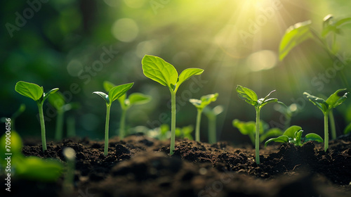 Small plants growing on soil and soft light