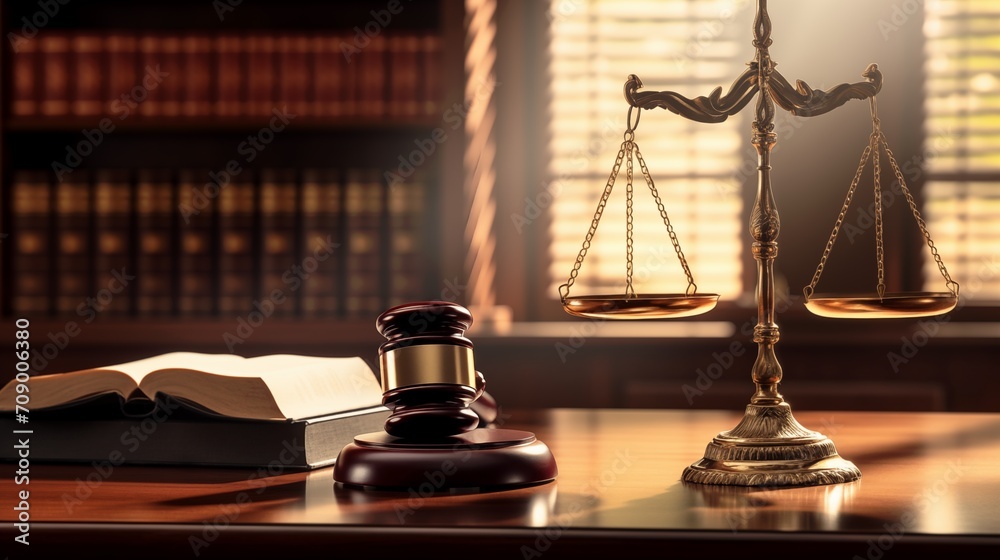 Scales of justice and judge's gavel on the lawyer's desk office on sunny day with sunbeams with open book