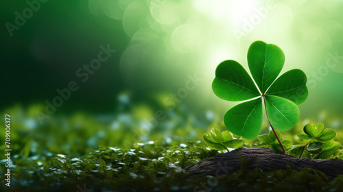 A single four-leaf clover stands out in the lush greenery of a sunlit forest floor, a symbol of luck and nature's beauty.