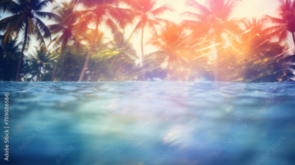 Sunlight flares through palm trees viewed from the calm ocean water, evoking a serene tropical sunset atmosphere.