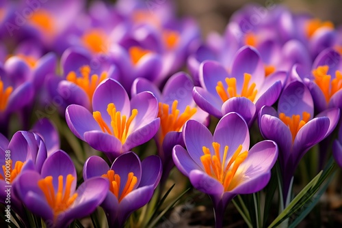 Beautiful crocus flowers in the park. Early spring. Symbol of peace and joy.