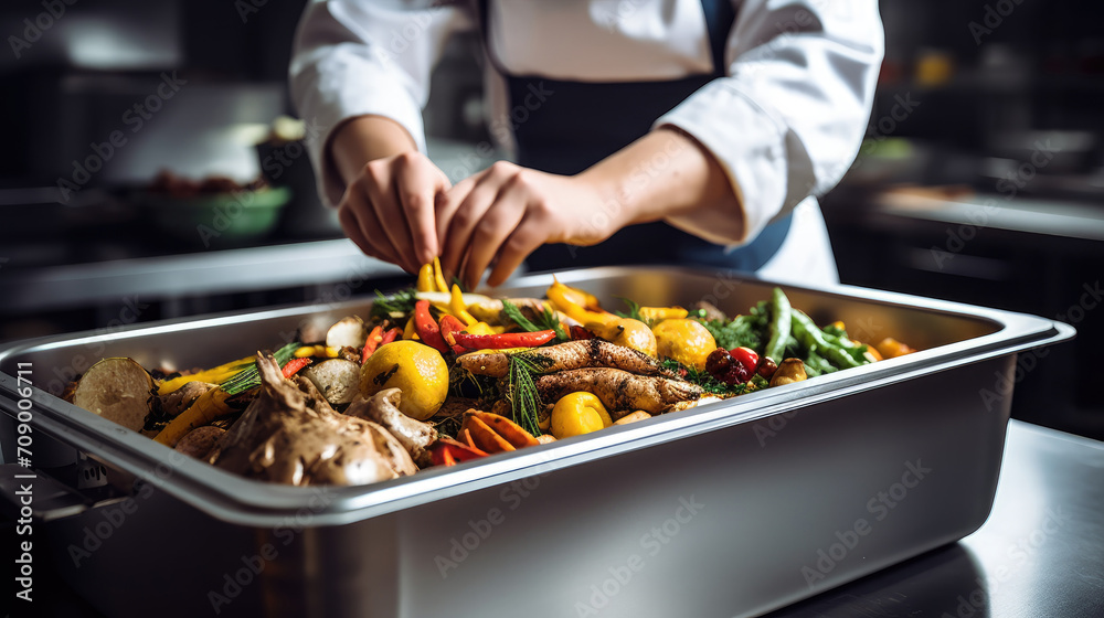 A person a white shirt is placing vegetables into a pan. This versatile asset is perfect for cooking blogs, recipe illustrations, and promotional materials for culinary events.