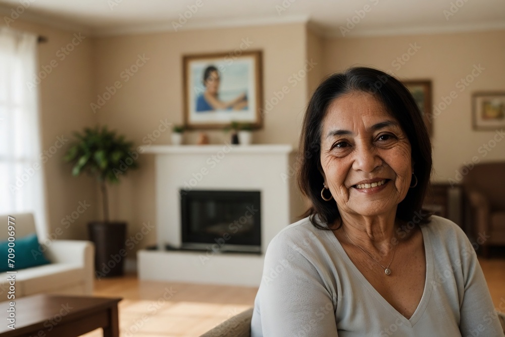 Aged Latin American woman relaxing in her house. Happiness at home, Retirement concept.