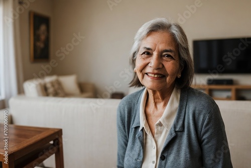 Aged Latin American woman relaxing in her house. Happiness at home, Retirement concept. photo