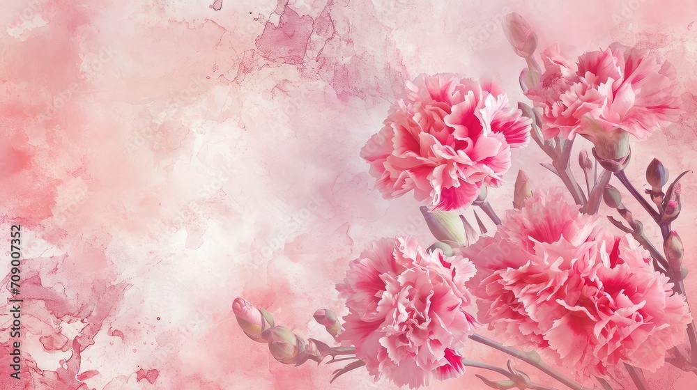 Carnation flower on soft pink background, copy space.