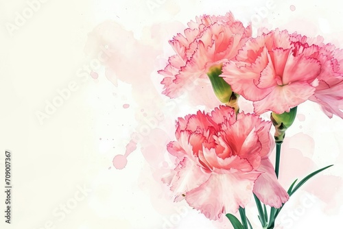 Carnation flower on soft pink background, copy space.