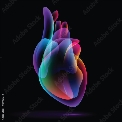 Freeform illustration of multicolored overlays in the shape of a human heart floating on a black background. Used in advertising, commerce, industry and medicine.