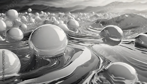 Abstract black and white background with floating spheres, reflections and water. Monochrome color palette. photo