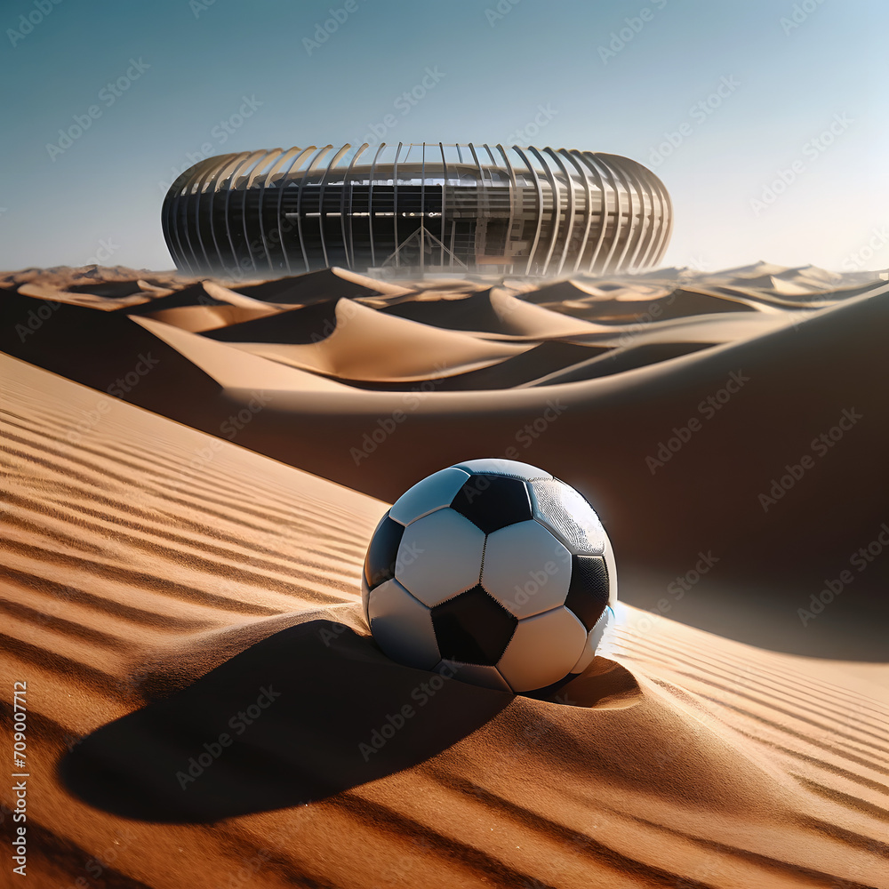 Soccer ball in the desert with a stadium in the sand dunes. Football in ...