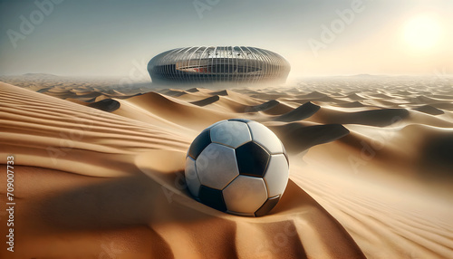 Soccer ball in the desert with a stadium in the sand dunes. Football in the desert photo