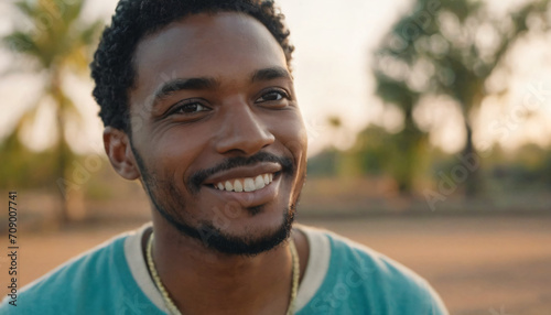 Black Man in Blue Shirt Smiling at Camera, 20s Portrait with Soft Light and Subtle Makeup © Artur