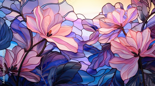 Stained glass window background with colorful Flower and Leaf abstract