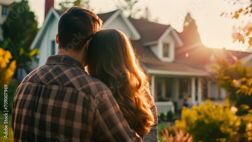 Couple embracing in front of their big modern house, rear view. Happy young family standing looking on their new property and hugging. Buying home of dream. Mortgage, home loan concept photo