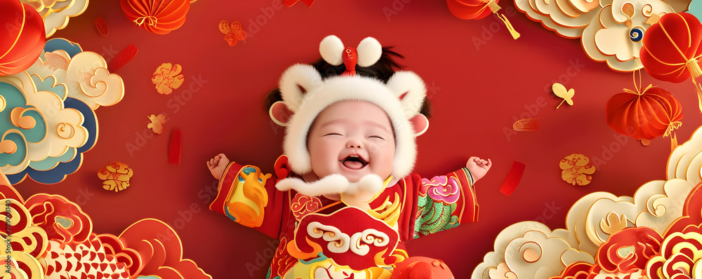 Naklejka premium Cute Asian baby in Chinese traditional dress. Happy Chinese new year concept.