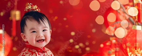 Cute Asian baby in Chinese traditional dress. Happy Chinese new year concept. © ZayWin