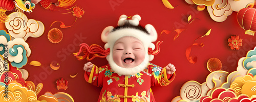 Cute Asian baby in Chinese traditional dress. Happy Chinese new year concept.