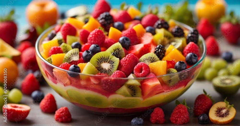 Craft a visually striking image that showcases the array of colors in a refreshing fruit salad, with each fruit's natural vibrancy and texture taking center stage. - Generative AI