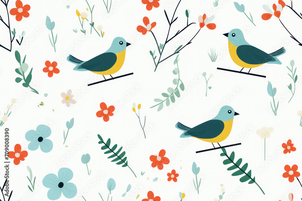 Seamless Bird Pattern: Cute and Colorful Botanical Illustration of Birds and Berries on a Retro Wallpaper Background.
