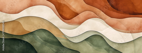 Vintage style abstract wave background with a mix of olive green, terracotta and cream photo