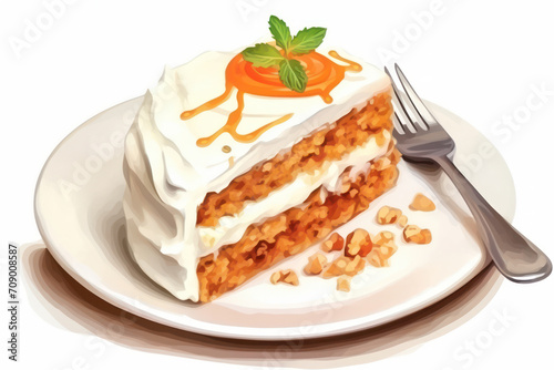 Delicious Gourmet Creamy Carrot Cake Slice on White Plate with Homemade Cream Cheese Icing, A Tasty Homemade Dessert with Fresh Carrot and Cream Cheese Layers, a Mouthwatering Treat on a White