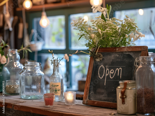 'Open' chalkboard sign outside a restaurant, inviting passersby with warm ambient lights.