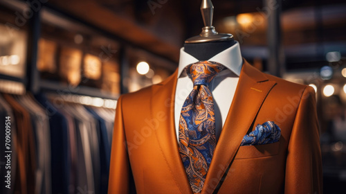 A sophisticated display of an orange suit with a blue paisley tie and pocket square on a mannequin in a boutique. photo