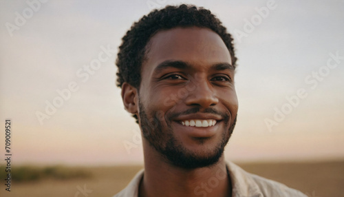 Black Man with Curly Hair and Beard, Smiling in a Headshot - 20s Male