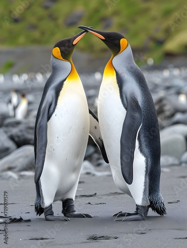 two penguins engaged in a courtship dance