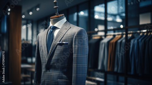 A mannequin elegantly dressed in a checked suit with a blue tie and matching pocket square, displayed in a high-end fashion store.