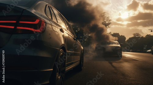 Vehicle emitting thick smoke from exhaust on a city street during a dramatic sunset, symbolizing air pollution.