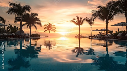 Swimming pool at luxury hotel resort with palm trees and sunset.