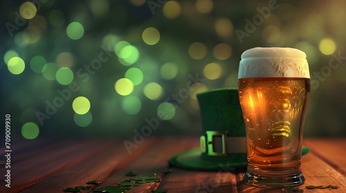 St. Paddy's Day illustration: light ale in a glass on wood, paired with a green headgear and blurry luminous spots behind photo