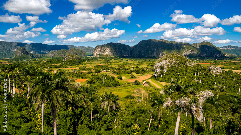 Expanse of Valle de Viñales valley in Cuba, seen from Mirador Los Jazmines viewpoint, a must-see destination in the Caribbean with fertile tobacco fields and Mogote hills of Vinales national park.