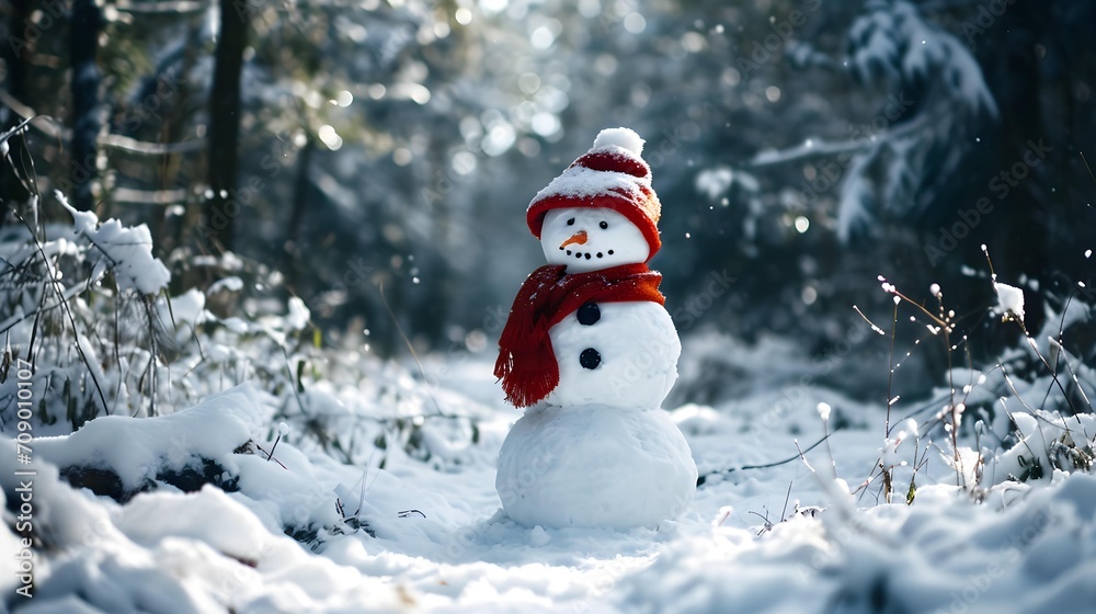 Fototapeta premium beautiful snowman in snowy forest. Winter landscape.