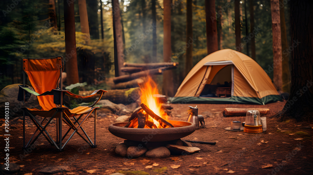 Bonfire with burning firewood close to the chairs and camping tent in forest