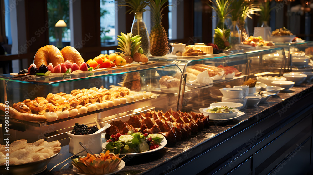Buffet breakfast kept in a luxury 5 star hotel