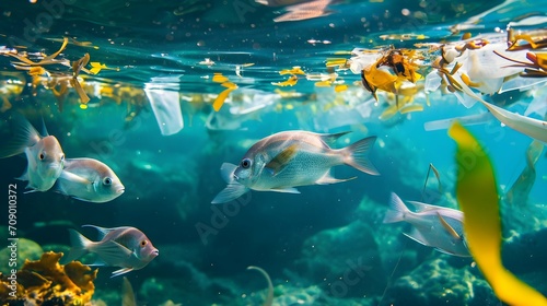 School of fish swimming in ocean surrounded by plastics