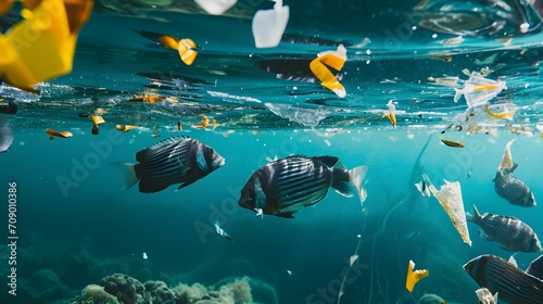 School of fish swimming in ocean surrounded by plastics photo