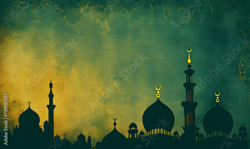 A mosque silhouette set against a vibrant yellow and green backdrop. Ideal for Ramadan and Eid greetings, backgrounds, empty space for copy, and Islamic celebrations.
