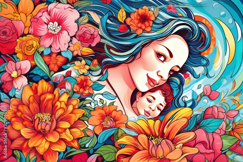 Mother and child. Happy Mother's day, colorful drawing with flowers.