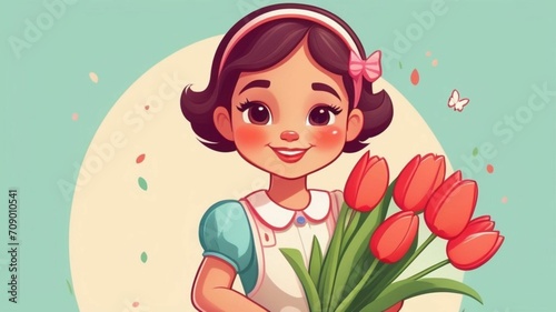 Happy little girl with bouquet of tulips on pastel background