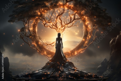 girl standing under a majestic tree with glowing branches forming a circle around the sun against a dark sunset sky. Concept: fantasy tree of life, esoteric, game character
 photo