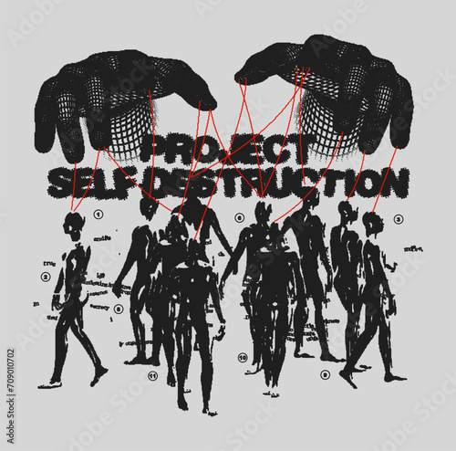Grunge streetwear print with grabbing hands and a crowd of people. Trendy print for clothing t-shirt, hoodie, sweater