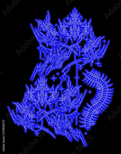 Cyber sigilism poster. Neo Tribal symmetrical shapes, gothic sharp spikes with cross